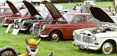 Lineup of Volvo Amazon cars at a club rally