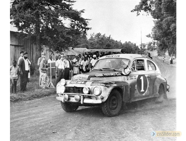 Volvo PV 544 claiming first place at the East African Safari Rally in 1965.